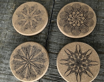 Laser engraved cork coasters