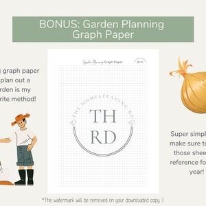 May include: A printable garden planning graph paper with a watermark that says "The Homesteading RD" and a light gray grid. The image also includes a cartoon illustration of a person holding a shovel and a cartoon onion.