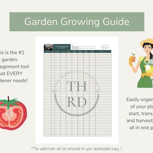 May include: A printable garden growing guide with a grid for tracking plant start, transplant, and harvest times. The guide features a green background with a tomato illustration and the text "Garden Growing Guide".
