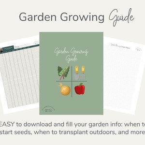 May include: A green printable garden planning guide with the text "Garden Growing Guide" and illustrations of a trowel, fork, onion, pepper, and a leafy green vegetable.