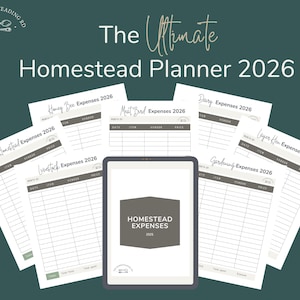 May include: A digital homestead planner for 2026, featuring expense trackers for honey bees, meat birds, dairy, layer hens, gardening, livestock, and general homestead expenses. The planner includes a tablet with the words "Homestead Expenses 2026".