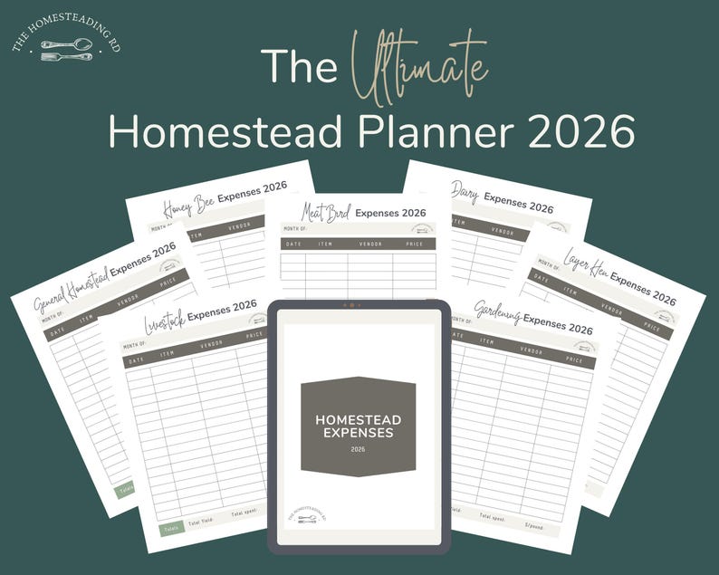 May include: A digital homestead planner for 2026, featuring expense trackers for honey bees, meat birds, dairy, layer hens, gardening, livestock, and general homestead expenses. The planner includes a tablet with the words "Homestead Expenses 2026".