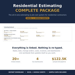 May include: A digital residential estimating package for Excel and Google Sheets. The graphic displays a dashboard with job-cost data, including a rate library, bid pipeline, and quality metrics. Text includes Residential Estimating COMPLETE PACKAGE.