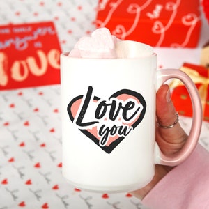 Valentine’s Day coffee mug, love you mug, valentines gift, valentines accessories, two-tone coffee mug, sweetheart mug, candy hearts
