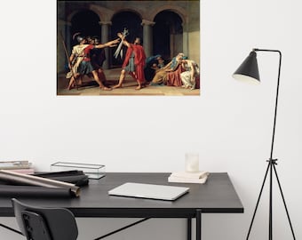 May include: A painting depicting a scene from Roman history. A group of men in Roman garb stand in a courtyard, one holding a sword aloft. A woman in a white robe sits on the ground, her head in her hands. The painting is set against a backdrop of columns and arches.