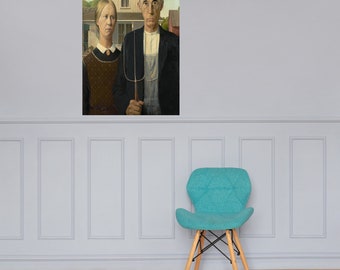May include: A painting of a man and woman standing in front of a house. The man is holding a pitchfork and the woman is wearing a polka dot dress. The painting is in a realistic style and has a warm color palette.