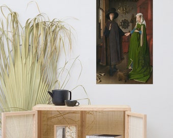 May include: A painting of a man and woman in a room. The man is wearing a black hat and a dark coat. The woman is wearing a green dress and a white head covering. A small dog is in the foreground.