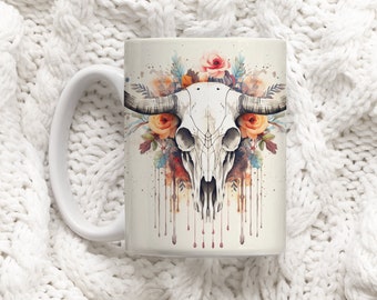 Boho Bull Skull Mug, Gift for Boho Lover, Western Cow Skull Coffee Mug, Floral Cow Skull, Cow Skull Mug, Cowgirl Mug, Western Mug, Skull Mug