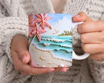 3D Beach Mug, Pastel Palm Tree Mug, Ocean Mug, Beach Mug, Coastal Coffee Mug, Ocean Wave Mug, Palm Tree Mug, Beach Gifts, Beach Decor, Cute