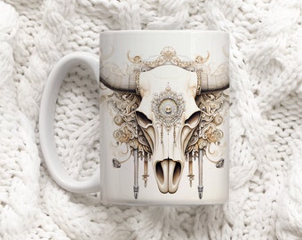Boho Bull Skull Mug, Gift for Boho Lover, Western Cow Skull Coffee Mug, Floral Cow Skull, Cow Skull Mug, Cowgirl Mug, Western Mug, Skull Mug