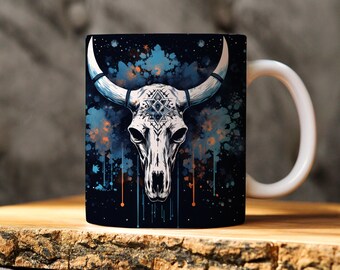 Bull Skull Mug, Gift for Boho Lover, Western Cow Skull Coffee Mug, Floral Cow Skull, Cow Skull Mug, Longhorn Mug, Western Mug, Skull Mug