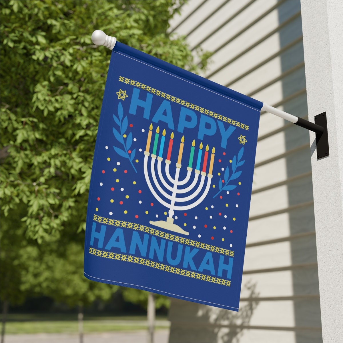 Happy Hanukkah Banner - 120x20 Inch Outdoor/Indoor Decor With 20ft Hanging Rope