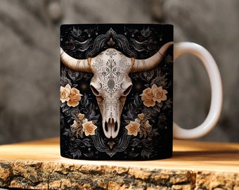 Bull Skull Mug, Gift for Boho Lover, Western Cow Skull Coffee Mug, Floral Cow Skull, Cow Skull Mug, Longhorn Mug, Western Mug, Skull Mug