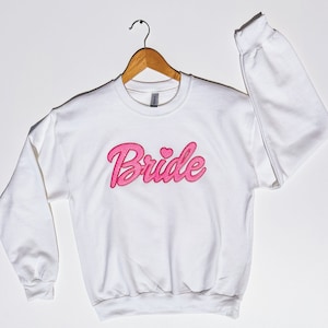 Cursive Doll Logo Sweatshirt, Glitter Sweatshirt, Bride Sweatshirt, Bachelorette Party, Bride Embroidered Crewneck, Fiance