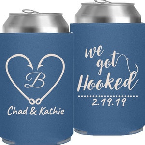 Wedding Template 003, Foam Can Cooler, Can Holder, Beverage Holder, Wedding Favor, Fish Hooks, Monogram, First Names, We Got Hooked, Date