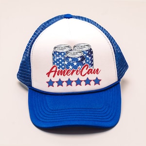 May include: A white and blue trucker hat with a red, white, and blue design of three beer cans and the text "AmeriCan" with five stars below. The hat has a blue mesh back.