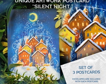 Lot de 3 cartes postales A6 148 x 105 avec enveloppes Salutations paisibles : nuits silencieuses pour des fêtes de fin d'année sereines
