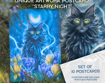 Lot de 10 cartes postales A6 148 x 105 avec enveloppes Carte postale lunatique chat noir et fleurs de printemps