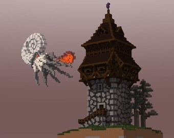 Peut inclure: Une créature blanche et grise avec une coquille en spirale et de multiples tentacules vole vers une tour de pierre avec un toit en bois et un petit balcon en bois. La créature émet des flammes orange.