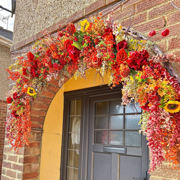 Door decoration, Autumnal door garland, Front door decor, Front door wreath, Faux flowers front door, Door flower decoration, Orange decor