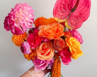 Hot Pink Disco Ball Bridal Bouquet: Faux Roses & Dahlias