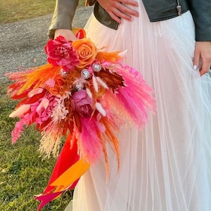 Disco Ball Bride Bouquet: Hot Pink & Orange Dried Flowers, Boho Wedding image 1