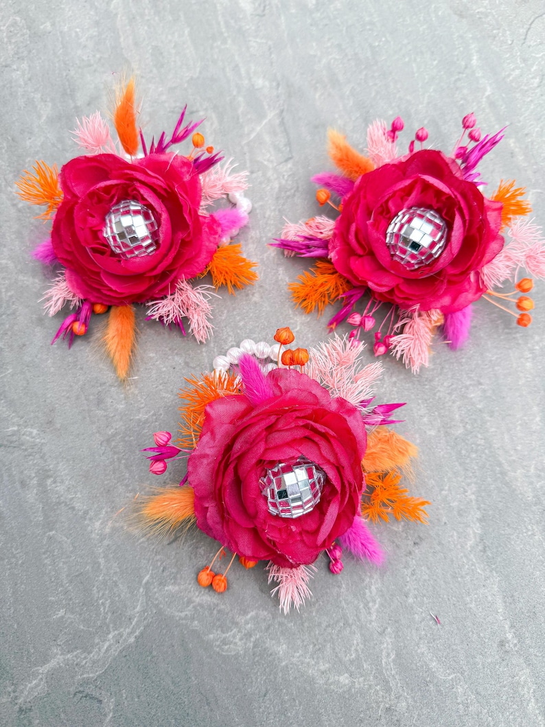 Disco Ball Bride Bouquet: Hot Pink & Orange Dried Flowers, Boho Wedding image 13