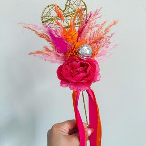 Disco Ball Bride Bouquet: Hot Pink & Orange Dried Flowers, Boho Wedding Flower Girl Wand