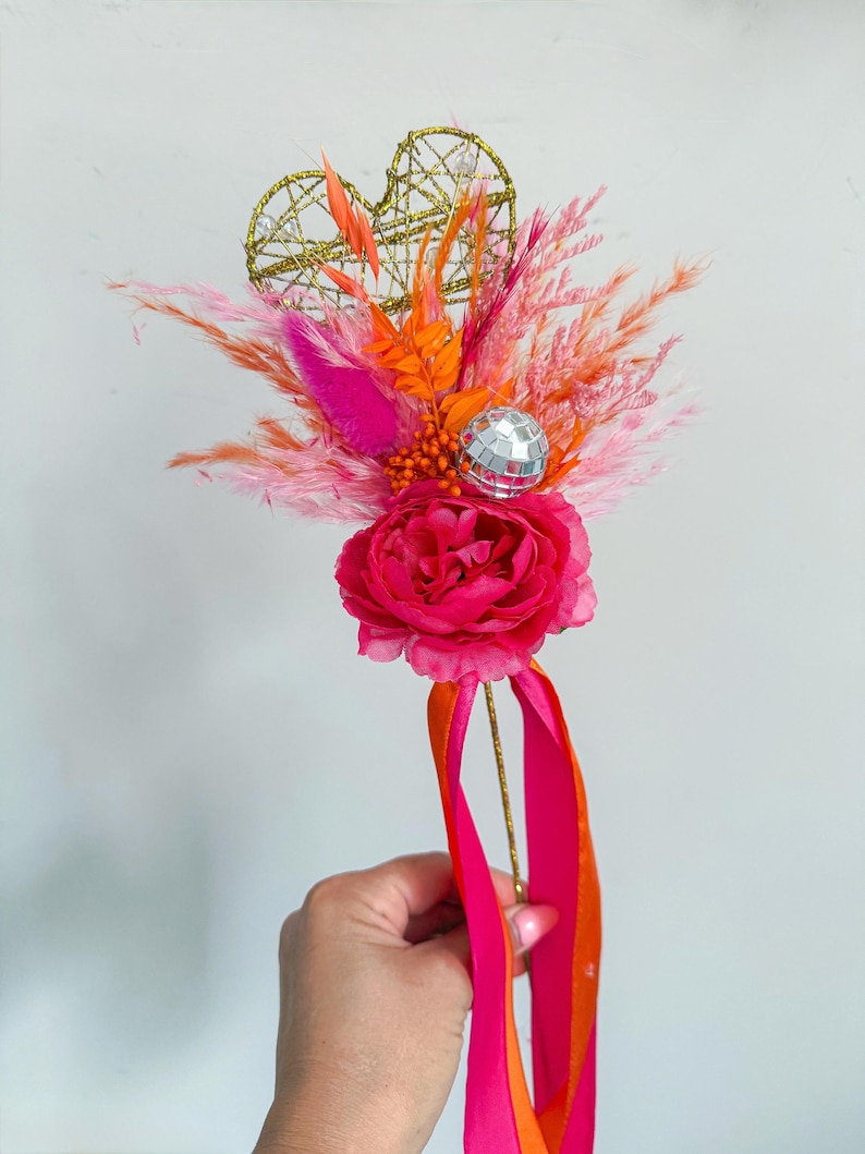 Disco Ball Bride Bouquet: Hot Pink & Orange Dried Flowers, Boho Wedding Flower Girl Wand