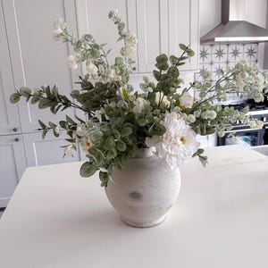 Luxury white, beige & green faux flower arrangement and vase, artificial fake peonies and eucalyptus home decor, Mothers Day, housewarming