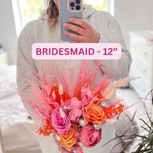 Disco Ball Bride Bouquet: Hot Pink & Orange Dried Flowers, Boho Wedding Bridesmaid
