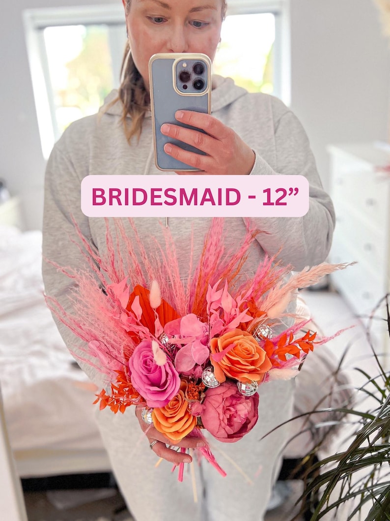 Disco Ball Bride Bouquet: Hot Pink & Orange Dried Flowers, Boho Wedding Bridesmaid