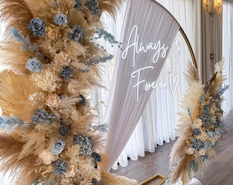 Baby blue wedding backdrop, dried flower hoop arbor, pampas ceremony florals