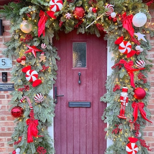 Candy Cane Christmas Door Garland: Red Bauble Flower Arch
