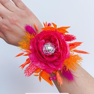 Disco Ball Bride Bouquet: Hot Pink & Orange Dried Flowers, Boho Wedding Wrist corsage