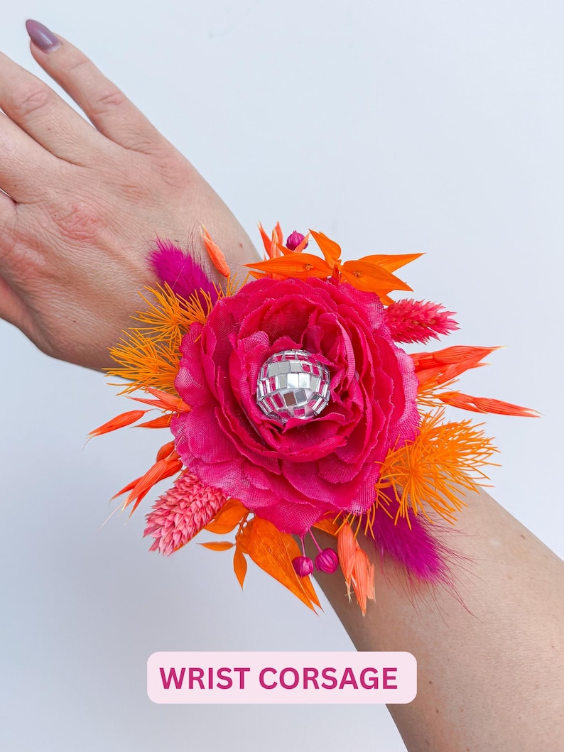 Disco Ball Bride Bouquet: Hot Pink & Orange Dried Flowers, Boho Wedding Wrist corsage