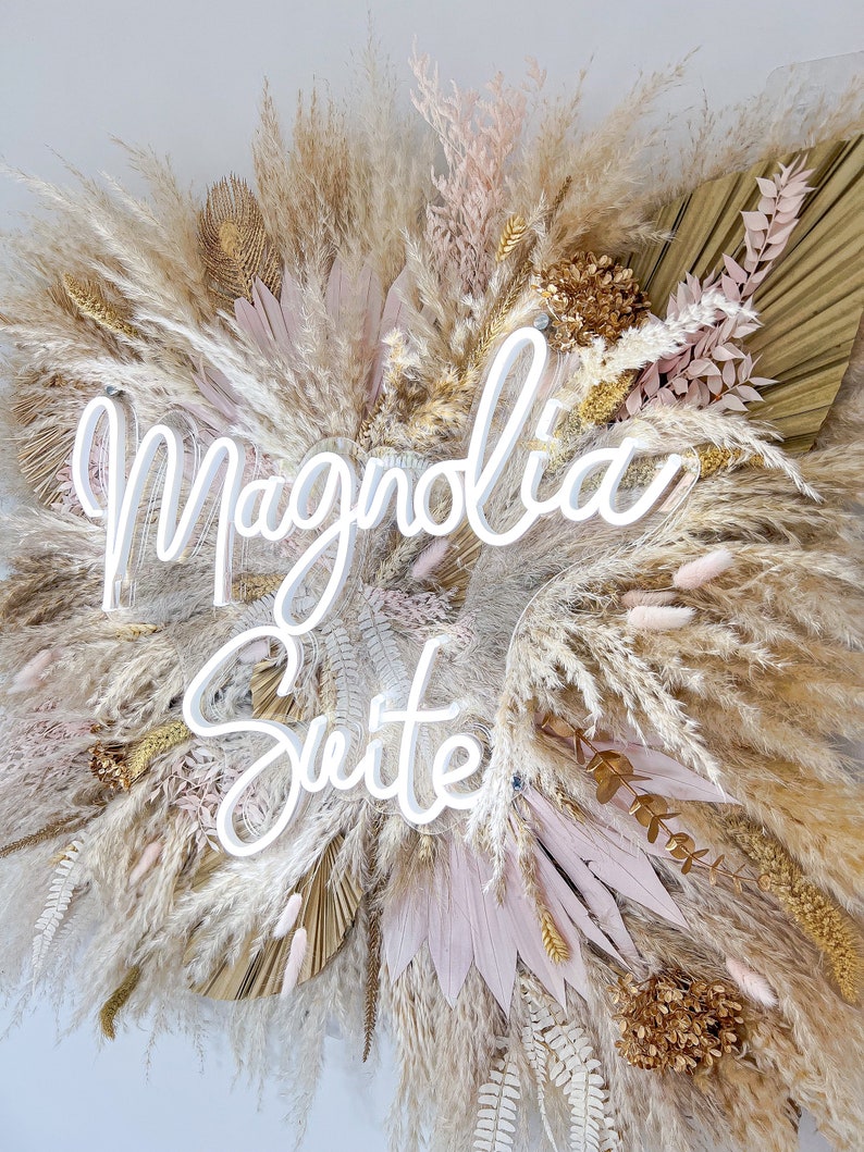 Pampas and Neon Sign, Salon Flower Decor, Wedding Arrangement, Dried