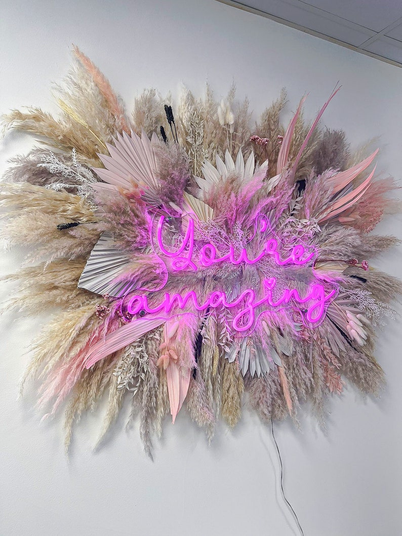 Pampas and Neon Sign, Salon Flower Decor, Wedding Arrangement, Dried
