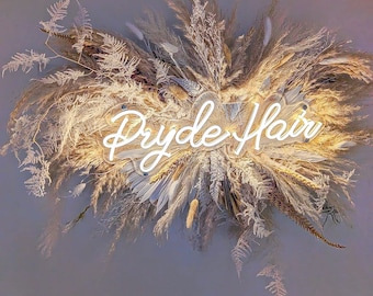 Pampas and neon sign, salon flower decor, wedding arrangement, dried flowers and neon, pampas backdrop, pampas signs, salon pampas sign