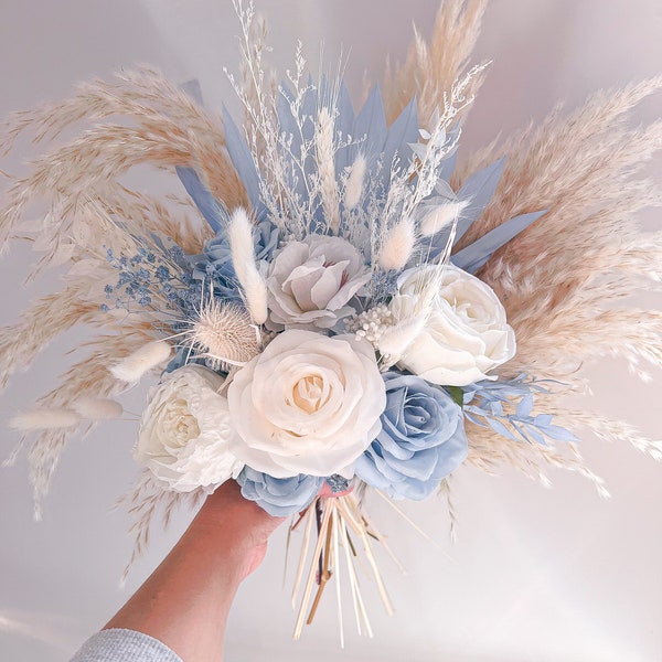 Baby pale blue bride bouquet, dried flower bouquet, wedding bouquet, artificial rose bouquet, wedding flowers, pampas grass bouquet, bridal