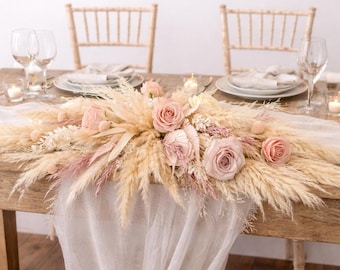 Blush & neutral pampas top table flowers, dried flower boho centrepiece, pampas sweetheart table flowers