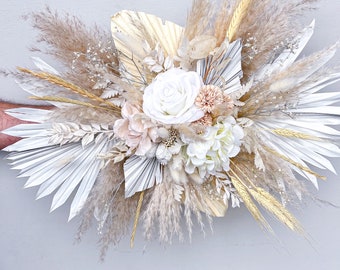 White Pampas & Dried Flower Wall Arrangement: Salon Wedding Decor