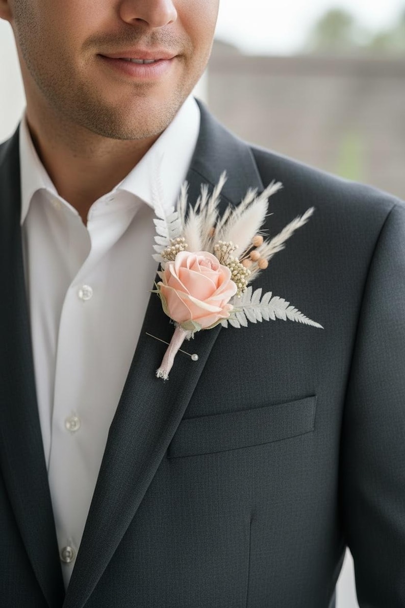 May include: A dark gray suit jacket with a white dress shirt and a pink rose boutonniere. The boutonniere includes a pink rose, white fern, and dried flowers. The jacket has a pocket on the left side.