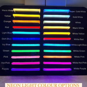 May include: A black display board showcasing various neon light color options. The board features rows of illuminated bars in colors like warm white, yellow, orange, red, and purple. Text at the bottom reads "NEON LIGHT COLOUR OPTIONS."