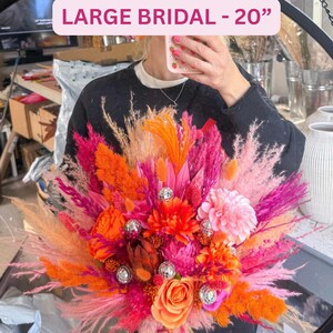 Disco Ball Bride Bouquet: Hot Pink & Orange Dried Flowers, Boho Wedding Large bride bouquet
