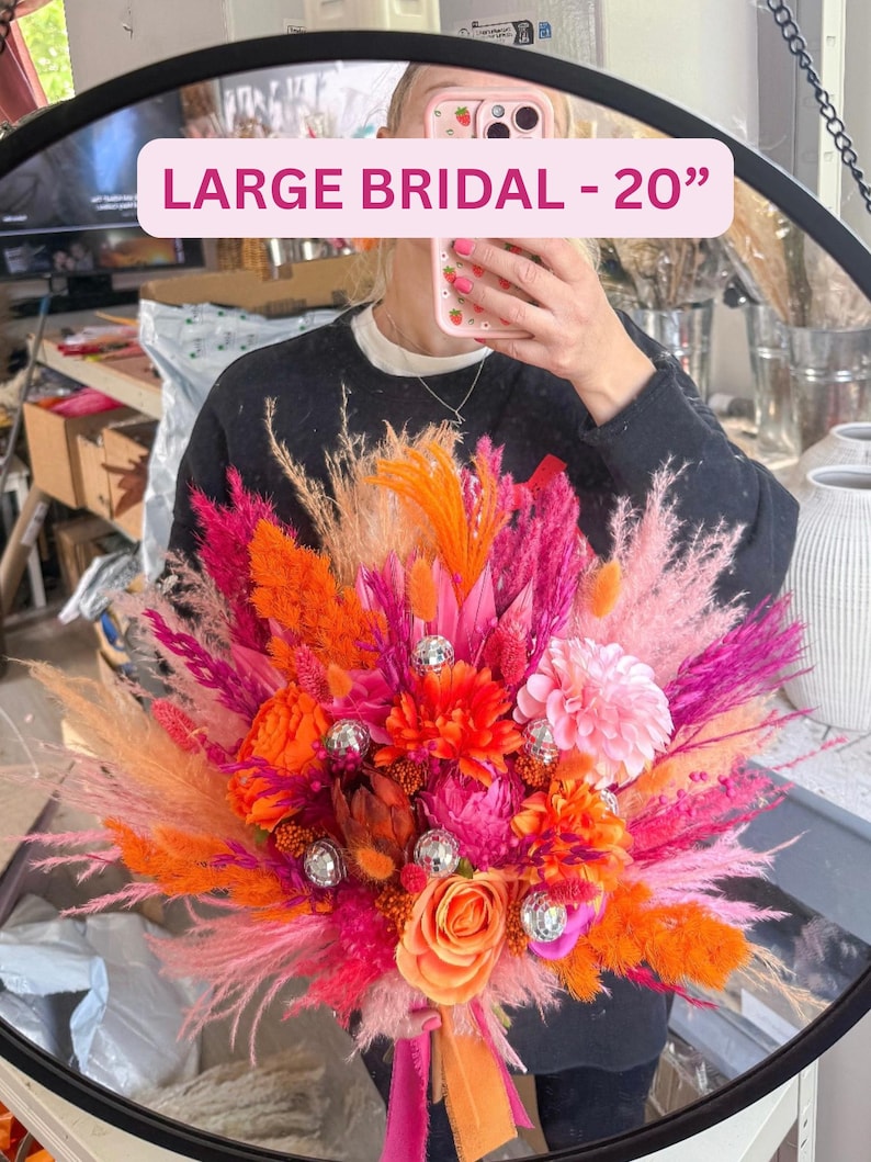 Disco Ball Bride Bouquet: Hot Pink & Orange Dried Flowers, Boho Wedding Large bride bouquet