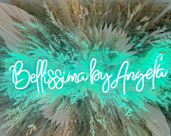 Aqua Blue Pampas Neon Sign, Custom Salon Dried Flower Decor, Personalised LED Light
