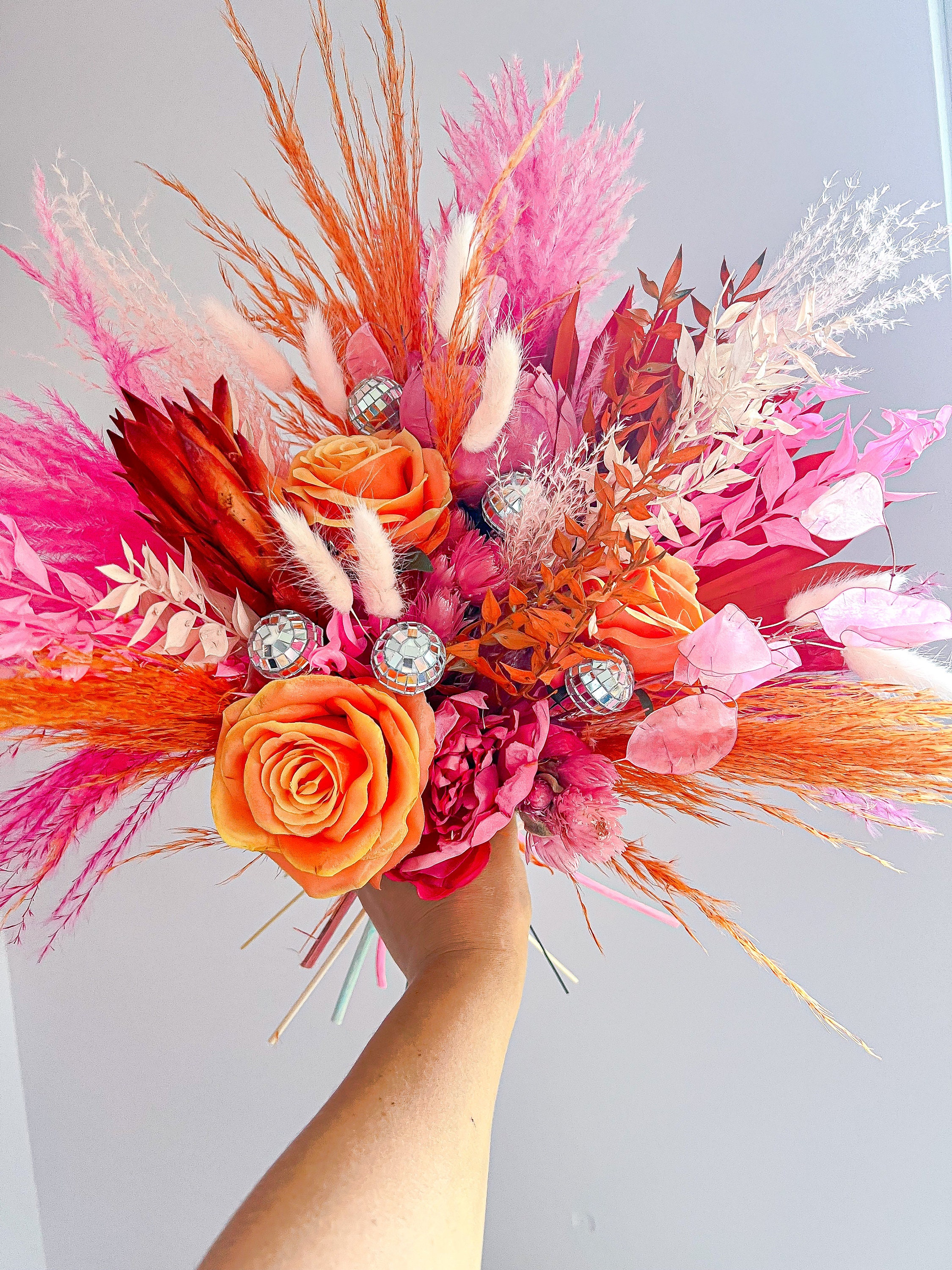 Pink & Orange Disco Ball Bride Bouquet, Bright Vibrant Dried