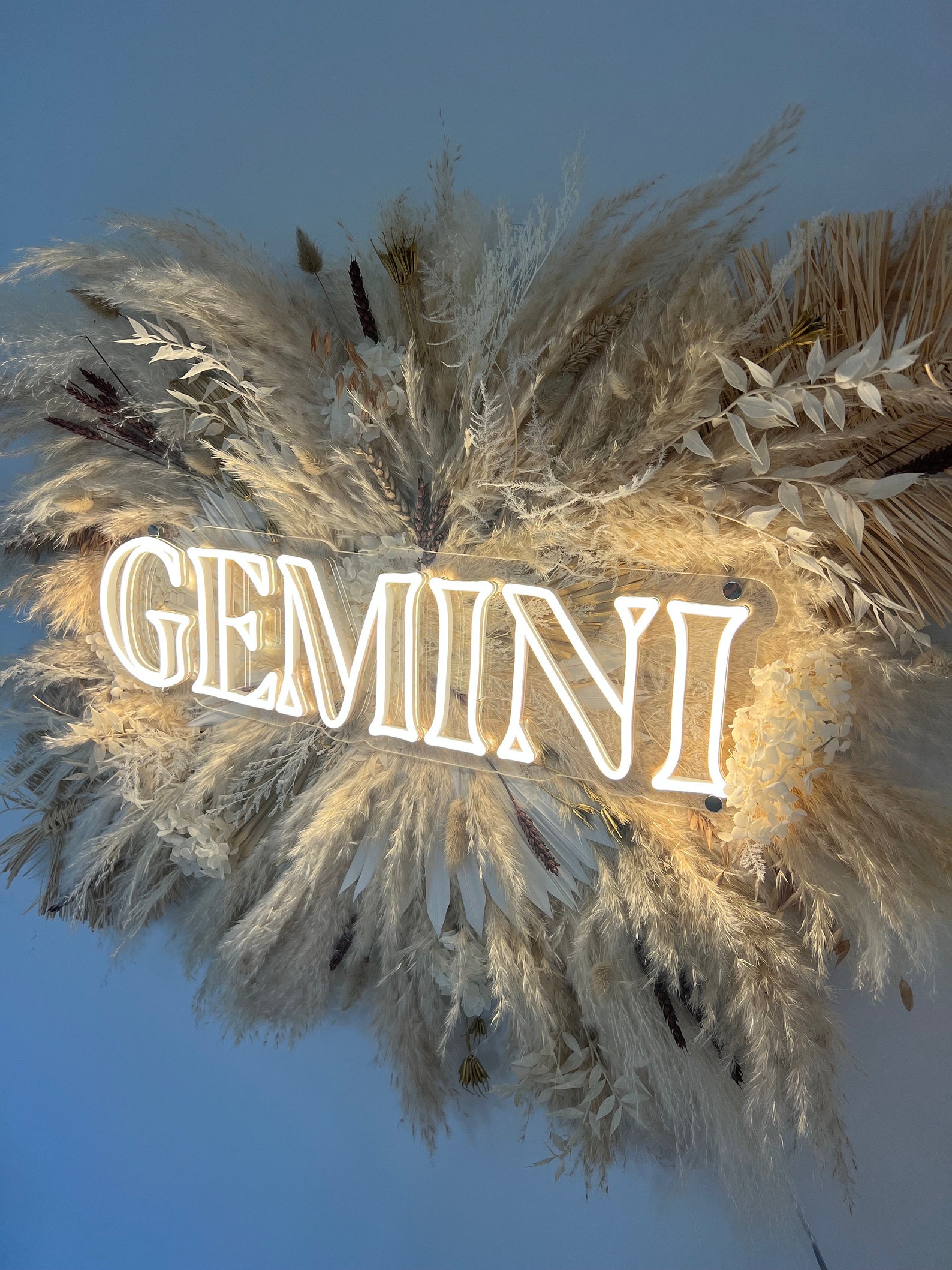 Pampas and Neon Sign, Salon Flower Decor, Wedding Arrangement, Dried