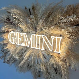 May include: A white neon sign with the word "GEMINI" in a cursive font, surrounded by a wreath of dried pampas grass and other dried flowers.